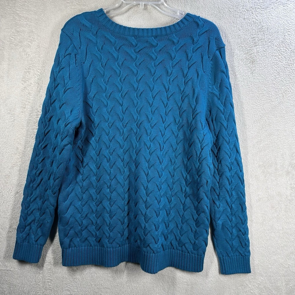 Lands' End Women's Size L 14/16 Drifter Sweater Turquoise Cable Knit 100% Cotton - Picture 7 of 8